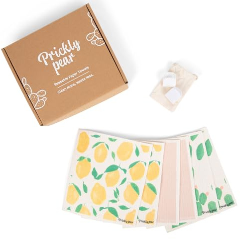 Prickly Pear Toallas de papel reutilizables lavables con clips para colgar, paquete de 6, paños de cocina gruesos, superabsorbentes, antiarañazos, biodegradables (limonada rosa, pequeño)