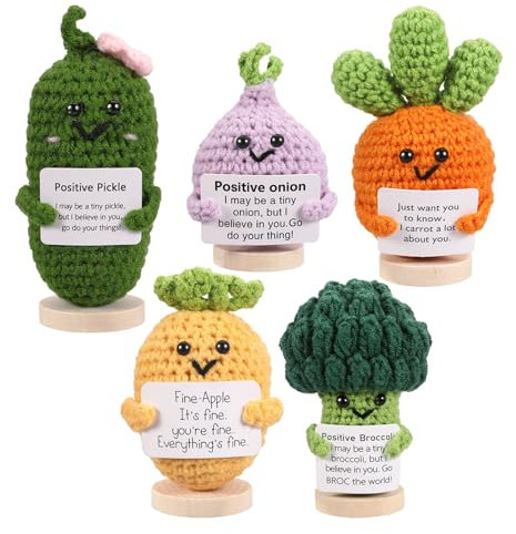 ASMPCUE 5er Set Pocket Hug Positive Doll mit Positivkarte, Creative Knitting Wool Doll mit Holzsockel, Stressabbau Fluffy Stuffies Lucky Charm Courage Gift, Get Well Gift, Cheer Up School Gift