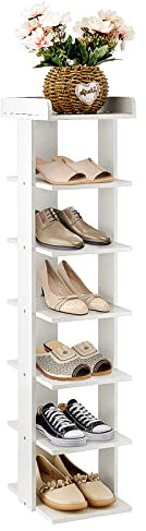 JF HOME BLISS Narrow Tall Shoe Rack Multi-Layer Wooden Storage Rack Cabinet Corner Display Shelf Unit for Corridor Entrance White Shoe Rack Storage (White, For 7 Pairs Shoes)