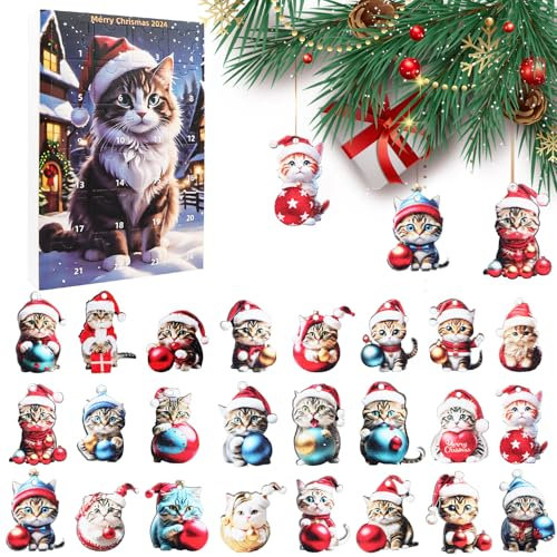 Cat Advent Calendar 2024, Acrylic Christmas Tree Pendant, Christmas Tree Decoration, 24-Day Christmas Countdown Calendar for Cat Lovers