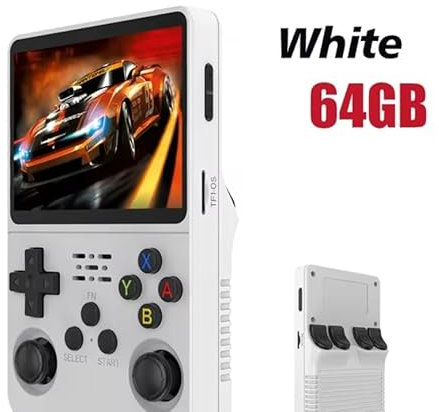 Amymark - Consola Retro Portatil R36S con 15000 Juegos - Consola con Juegos de PS1, PSP, N64, NDS, SuperN, GameB, GBA, NeoG, etc. HD IPS de 3.5 640*480 Quad Core 1,6 GHz y RAM 1GB (Blanco 64GB)