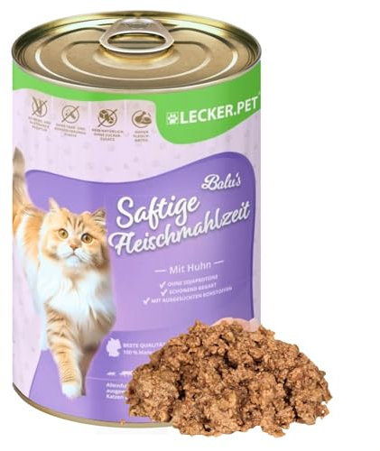 Lecker.Pet® | 18 x 400 g Balu's Saftige Fleischmahlzeit mit Huhn Katzen Nassfutter | Hochwertiges Katzenfutter | Getreidefreie Vollnahrung ohne Zuckerzusatz | Reich an Proteinen & Mineralien