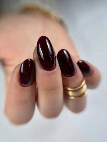 MouyouGlow Press on Nails Kurz,Almond Dunkel Rot Einfarbige Glossy Fake Nails Kunstnägel mit Nagelkleber,Basic Solid Dark Red Künstliche Fingernägel