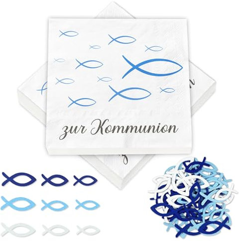 40 Stück Servietten Kommunion + 60 Holzfische Set, Kommunion Deko Junge Blau Weiß, Streudeko Tischdeko Party, Erstkommunion Geschenke Gastgeschenke, 3 Farben Holz Fisch, Kommunionsgeschenke