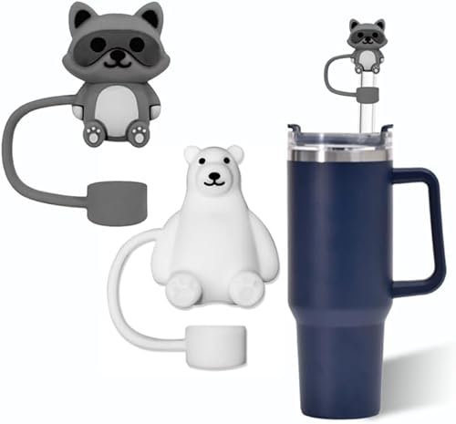 Raccoons and Polar Bears Straw Cover for Stanley 40&30 Oz Cup, 10mm Silicone Straw Covers Cap for Stanley Cup Accessories, Cute Straw Topper for Tumblers, Straw Cap Stopper for Reusable Straws,Straws