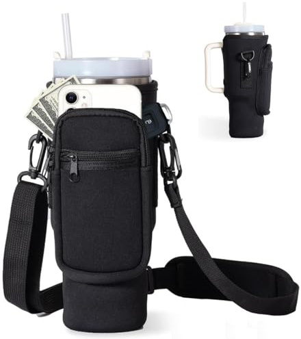 XHYASD Tasche Kompatibel für Stanley Cup 40oz, Neopren Wasserflaschenhalter mit Handyfach, Karabiner und Verstellbarem Schultergurt, 40oz Bechertasche für Reisen Wandern Radfahren (Schwarz)