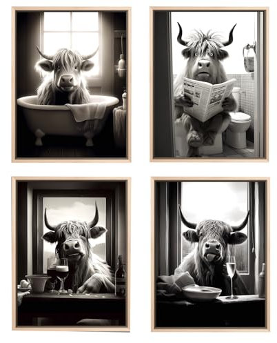 LOZULO Badezimmer Deko Bilder Poster DIN A4 (21x30cm) ohne Rahmen lustige Wanddeko schwarz weiß Wandbild WC Toilette Deko - Schottische Hochland Kuh Pictures Aesthetic Room Decor Posters