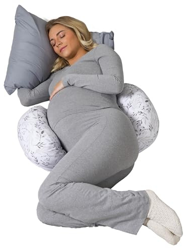 Boppy Side Sleeper Pregnancy Pillow, Gray Falling Leaves, Portable, Supportive Pregnancy Pillows for Sleeping on Your Side, Stay-Put Design with Stretchy Center Panel That Grows with Your Bump