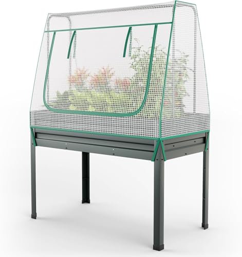 FANTASK Jardinière surélevée 3 en 1 avec Couvercle et Treillis, jardinière en métal galvanisé avec Trous de Drainage, Serre avec Porte Enroulable