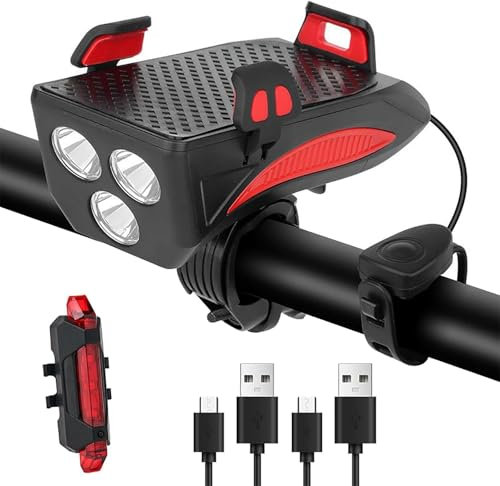 LED Bicycle Light Set with Mobile Phone Holder Rechargeable 4000 mAh Bicycle Light with Power Bank Loud Bell Rear Light Cycling Torch Hiking Camping All Mountain & Bike