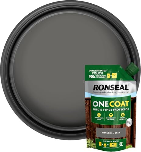 Ronseal One Coat Shed & Fence Paint Refill Pouch – 950ml – Charcoal Grey – Mix 1 Pouch with 4L Water to Make 5L – Same as Ready-Mixed Buckets – Weatherproof Wood Treatment for Fences & Sheds