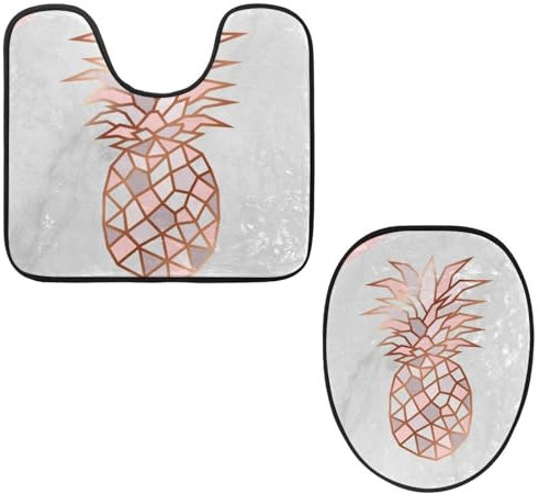 VAPOKF 2 Pieces Pedestal Bathroom Rugs Set, U-Shaped Contour Mat and Toilet Lid Cover, Soft Non-Slip Flannel Bathroom Mat Toilet Seat Cover - Rose Gold Pineapple Marble