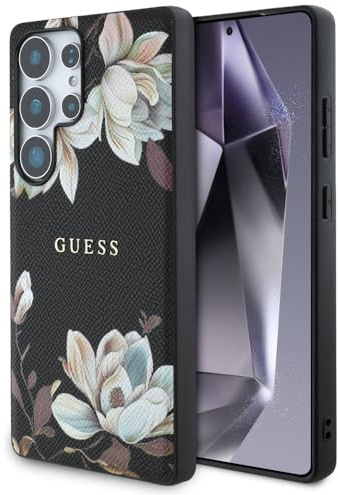 CG MOBILE Guess genarbtes Blumenmuster kompatibel mit MagSafe Hülle für Samsung Galaxy S25 Ultra (schwarz)