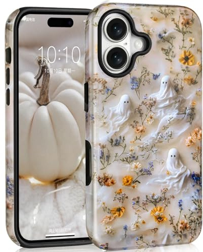Mainrenka Süße Halloween Hülle für iPhone 16 für Mädchen und Jungen, mit Geist Totenkopf & Blumen Handyhülle Stoßfeste Schutzhülle
