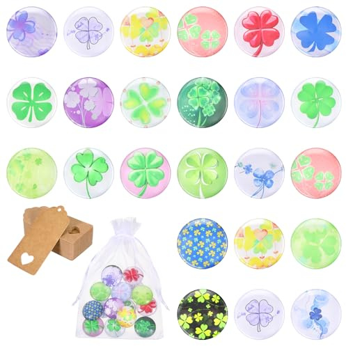 Haoilongke 24er Set, Vierblättriges Kleeblatt Glassteine, 25 mm Durchmesser, Glückssteine, Glücksbringer, Bunt Muster, Mit Organzasäckchen Und Geschenketiketten, Dekosteine, Glasmurmeln