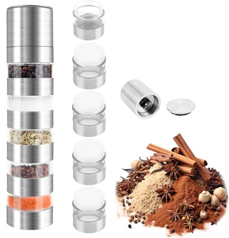 MUMUMUR 5 in 1 Gewürzstreuer Edelstahl, Mini Gewürzgläser Set mit Gewürzmühle, Tragbarer Gewürzstreuer Camping Set für Reise, Picknick, Küche, Grillen & Outdoor 20ml