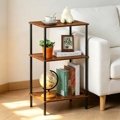 UOMIO Beistelltisch Holz Dreilagig Schmaler Beistelltisch Schmal Wasserdicht Tisch Klein Holz Side Table Offene Vorderseite für Schlafzimmer Wohnzimmer Küchen Wohnungen (Braun)