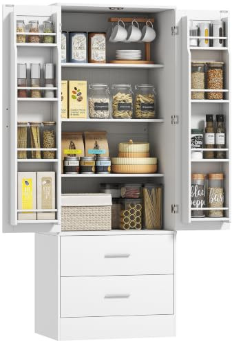 HOMCOM Credenza Cucina Alta 159 cm, 8 Portaspezie sulla Porta, Bianco | 2 Ante, 2 Cassetti, Mobile Dispensa Moderno con Ripiani Regolabili, per Sala da Pranzo, Soggiorno