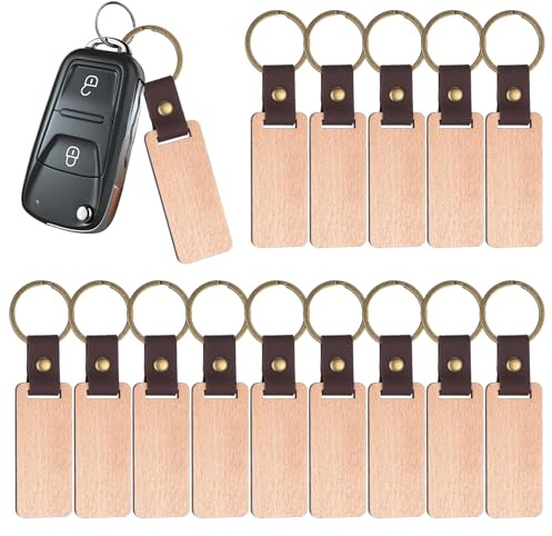 14 PiècesPorte-Clés en Bois Vierges, Porte Clés Bois Brut avec Anneaux, Porte-clés Rectangulaires Naturel Personnalisé pour Bricolage Artisanat Gravure Pyrogravure étiquettes cadeaux