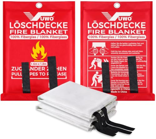 vuwo Couverture Anti Feu en Fibre - 2 Paquet Couverture Anti-Feu de Survie de Verre d'urgence pour Protection Ignifuge et la l'Isolation Thermique Applicable à Cuisine Camping Barbecue(1.6m x1.8m)
