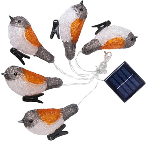 Veemoon Solarbetriebene LED Lichterkette Rotkehlchen 5 Stück mit Clips Wetterfeste Vogel Dekoration für Garten Terrasse Party