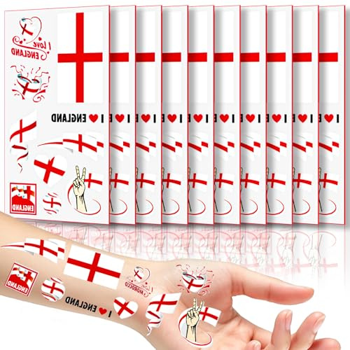 10 Sheets England Flag Temporary Tattoo,12x7cm Decorative English Flag Tattoo Transfer Stickers Patriotic Tattoos for World Cup Football 2026 Decoration St.George's Day Fans England Party Decorations