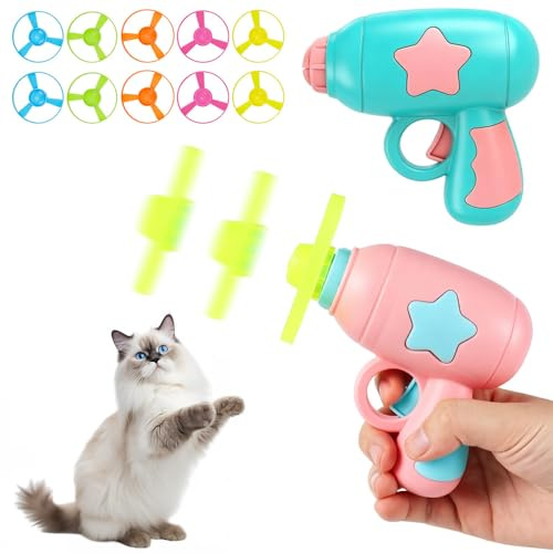 12 Pcs Flying Disc Launcher Toy, Interactive Cat Toy Include 2 Shooters and 10 Colourful Propellers, Chasing Flying Propeller Funny Toys for Indoor and Outdoor Chasing, Hunting and Exercise Training