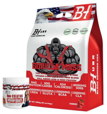 GORILLA MASS 8KG Vanilla Weight Gainer – 90g Protein, 10000mg BCAA, 6000mg Creatine, High Calorie Mass Gainer for Muscle Building (8000G, Erdbeere)