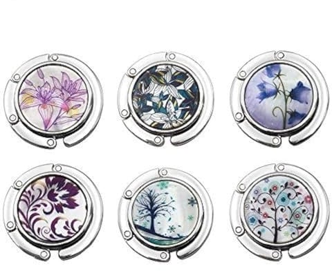 FOME Handbag Hanger, Set of 6 Foldable Purse Hook Purse Table Hook Holder Flower and Tree Pattern Bag Hanger Hook 3.54x1.77in Mixed Color