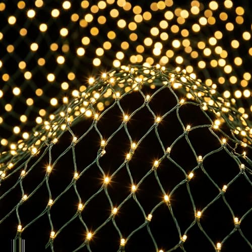 JnDee Fairy Net Lights 1.5x2M (5x7ft) 120 LED Warm White, 8 Modes with Memory, IP44 Waterproof Outdoor Christmas Lights, 10M Extension Lead, Low Voltage Safe for Kids, Garden Wedding Party Decorations