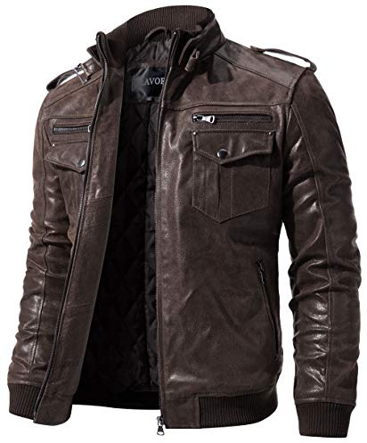 FLAVOR Giacca moto da motociclista in pelle marrone retro da uomo Giacca in vera pelle (Marrone Scuro, S)