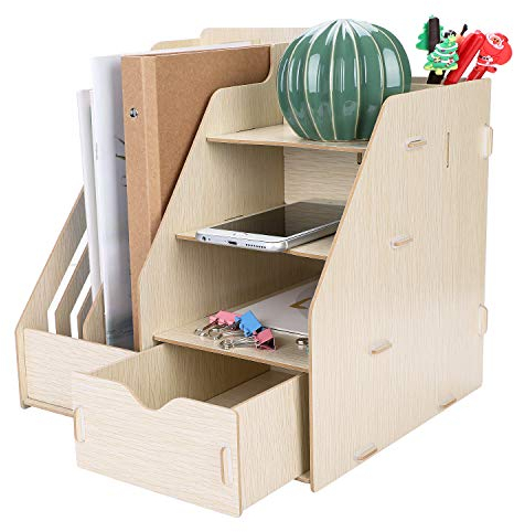 Schreibtisch Organizer mit Schublade Schreibtischzubehör Stifte Bücher Halter Schreibtischablage mit 8 Fächern Zeitschriftensammler Holz Ablagefächer Utensilienschalen für Büro Kinderzimmer Zuhause