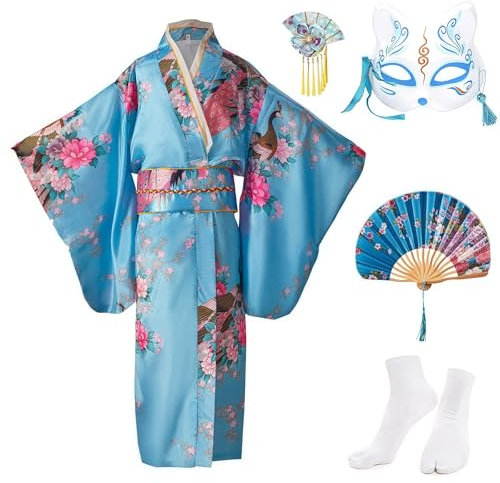 KRUIHAN Kimono Enfant Deguisement Japonaise Fille Robe Japonaise pour la Fête et le Spectacle,Satin Cosplay Anime avec Eventail Pliant,Chaussettes Tabi,Masque de Renard et Epingle à Cheveux,Bleu,140