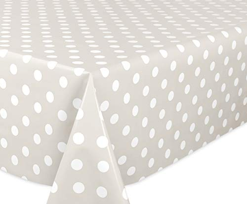 Taupe, Punkte Weiß Wachstuchtischdecke glatt abwischbar Garten Tischdecke RUND OVAL ECKIG, Größe wählbar (Rund 100 cm)