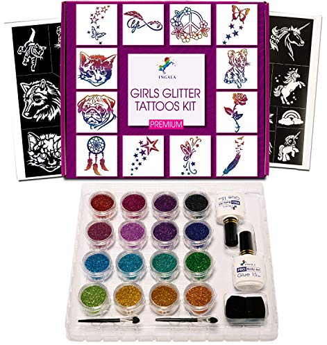 INGALA Premium Glitter Temporary Tattoos Kit for Girls, 74 Unique Stencils, 2 XL Glitter Tattoo Glue, 5-10 Year Old Girls' Gift