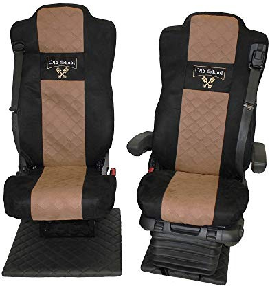 Adomo LKW Sitzbezüge für Mercedes Actros MP5 und MP4 mit klappbarem Beifahrersitz schwarz braun, Kopfstützen 8cm.