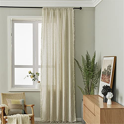 SWECOMZE Boho Vorhänge Transparent Baumwolle Leinen mit Quaste Gardinen,Wohnzimmer Schlafzimmer Gardine,1 Stück