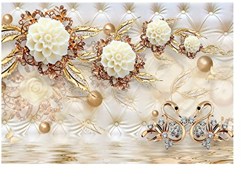 Fototapete 3D Blumen Schwäne gold Luxus Diamanten Abstrakt Lederoptik Fototapeten Schlafzimmer Wohnzimmer Wandtapete Vlies Tapete UV-Beständig Montagefertig (VEXXXXXL (520x318 cm) 5 Bahnen)