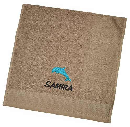 Wolimbo Duschhandtuch Bestickt mit Namen und Motiv - 70x140 cm - Taupe - weiches Duschtuch personalisiert - Geschenk