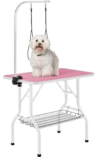 Yaheetech Table de Toilettage pour Chien/Chat/Animaux de Companie Pliante avec Potence Réglable 2 Sangles Une Panier de Rangement et Surface Travail Plus Large Antidérapente Capacité 100kg Rose
