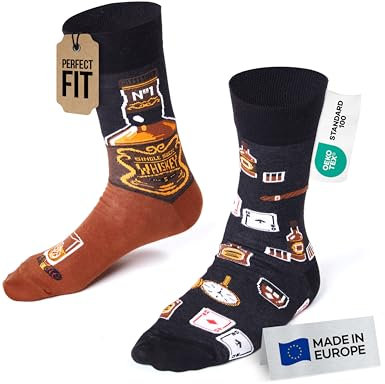 Many Mornings - Mismatched Socken - Lustige Socken Unisex - Whisky Socken - Geschenkidee - Design: Whisky - Made in EU - 43-46