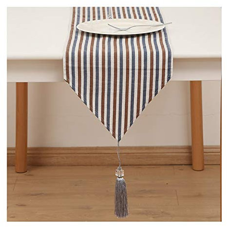 EHOMERY Ovale Tischdecke, Tischband Leinen Braun Blau Streifen Tischläufer Cotton Linen 30x100CM