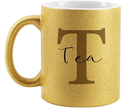 Herz & Heim® Goldene Tasse mit Aufdruck des Wunschnamens für Kaffeegenießer Initial #2