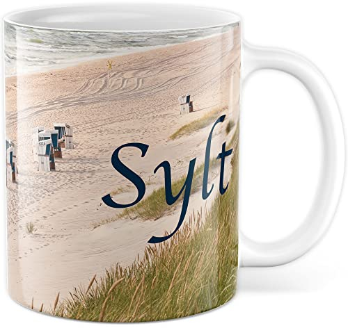 Tasse von Sylt Strandbild Kaffee-Tasse Kaffee-Becher Geschenkidee für Syltliebhaber Geschenk Syltfan Tasse Insel Sylt Urlaub (Weiß)