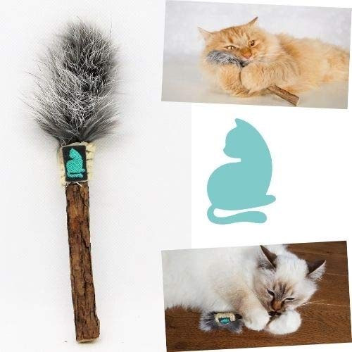 Barfeli Matatabi Katzenstab mit Kaninchenfell | 100% Naturprodukt, Extra dickes Matatabi Holz, Katzen Zahnbürste, Katzenspielzeug, Katzenminze
