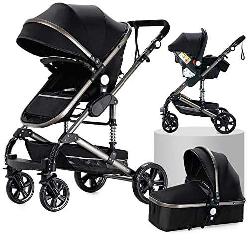 MoLi Kinderwagen 3 in 1, Kinderwagen mit Umkehrbarem Doppelschiebemodus, Buggy mit Großer Bequemer Babywanne, Kombikinderwagen 3 in 1 Rahmen Aluminiumlegierung Faltbar Hohe Landschaft (739 Black)
