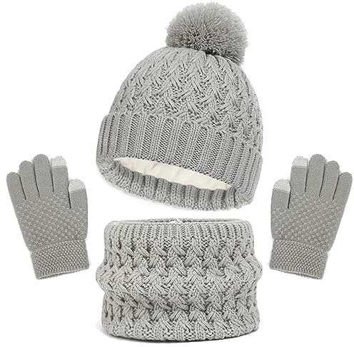 Baynetin Invierno Conjunto de Guantes de Bufanda de Gorro para Niños, Forro de Lana Niña Invierno Calentar Gorro Bufanda Sombrero Bufandas Guantes Tactiles Set para Niños Niñas 2-8 Años (Gris)