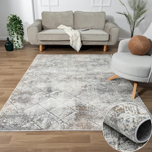 MY-RUG Teppich Malin 200x290 cm Creme - Kurzflor Badteppich & Wohnteppich | Robuster Vintage Teppichläufer in Beige Grau, ideal als Bettumrandung, Küchenläufer oder Flur Teppich im Boho-Stil
