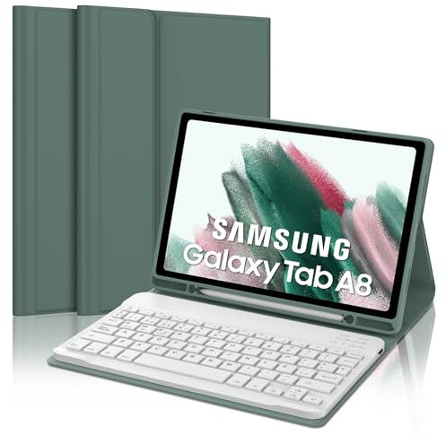 Teclado para Samsung Galaxy Tablet A8 10,5'' 2022 - Teclado Español Ñ Bluetooth Inalámbrico Desmontable - Funda de Cuero Ultra Delgada para Galaxy Tab A8(SM-X200/X205/X207), Verde Oscuro
