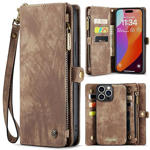 SWP Case for iPhone15 Pro, Wallet Case w/Magnetic Detachable Cover [8 Card Slots] Clutch Wallet w/Wristlets Money Pocket for iPhone 15 Pro (Brown)